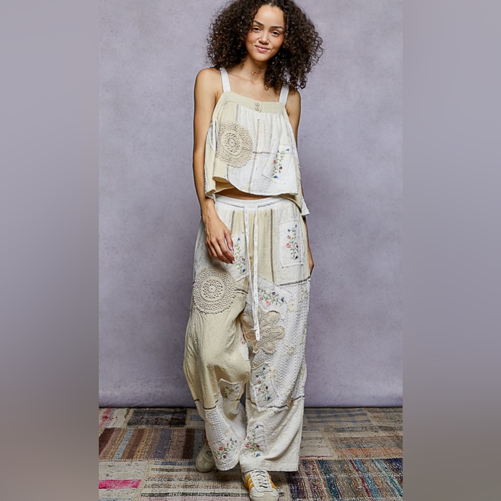 Pol Solid Lace Patch Detail Woven Pants Bohemian Patchwork View 2